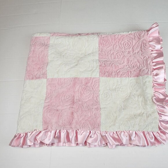 Cocalo baby girl  blanket pink white rose color block satin trim and reverse - Picture 1 of 5